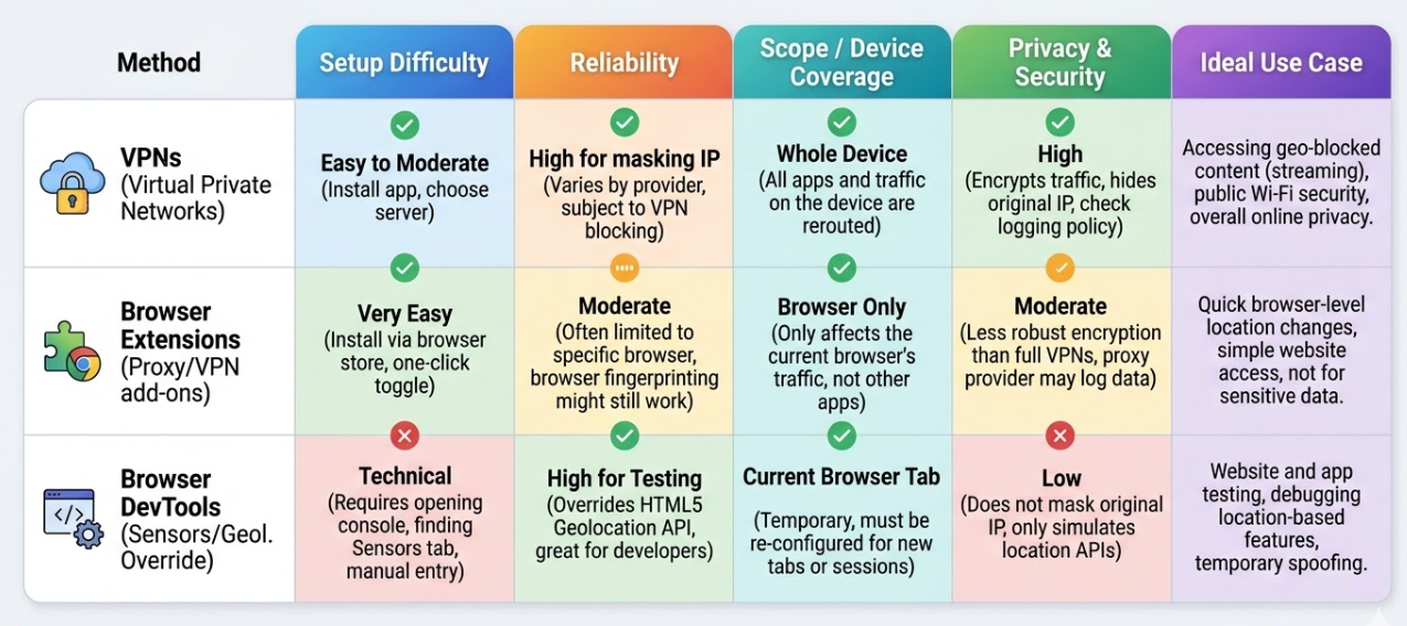 Decision matrix comparing geolocation methods