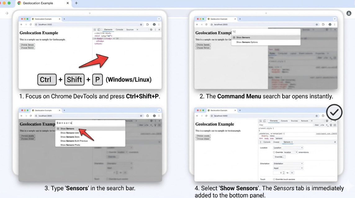 How to use Ctrl+Shift+P to access the developer tools sensors tab instantly