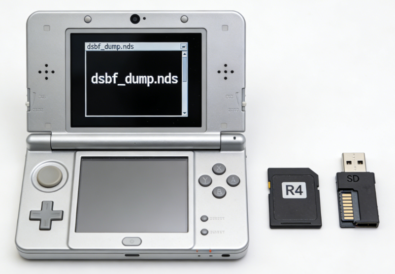 original silver Nintendo DS running the dsbf_dump.nds