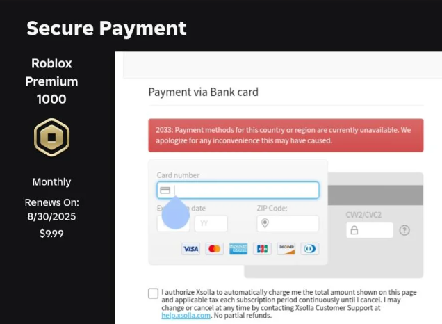 Payment method region does not match account