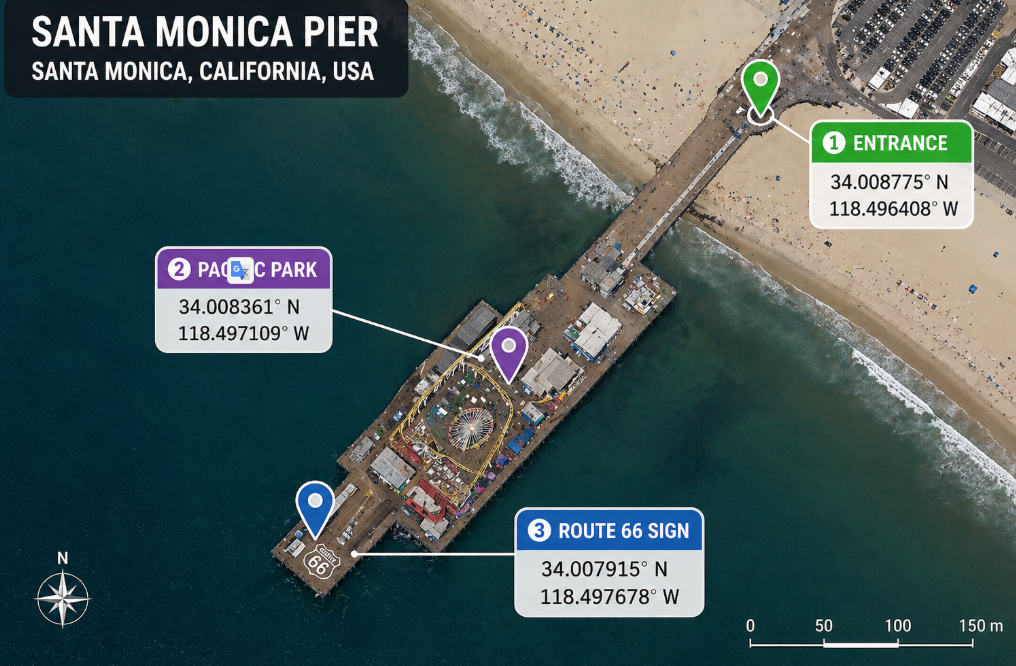 The exact coordinates Santa Monica Pier California