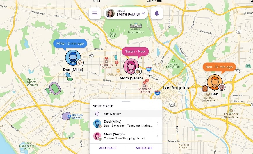 The main map view of the Life360 app