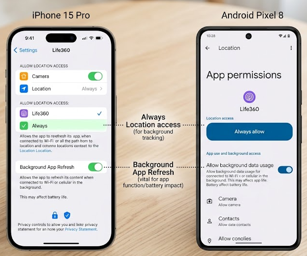 Location permission settings on an iPhone and an Android