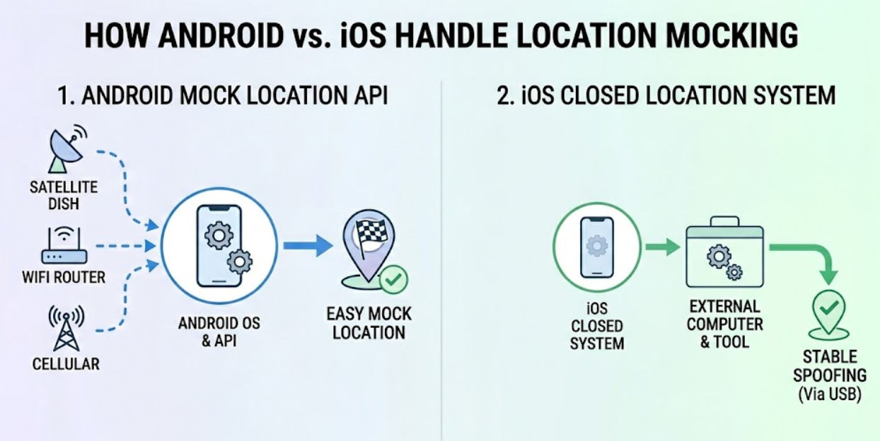 The difference between Android’s mock location API and iOS’s closed, multi-signal triangulation system