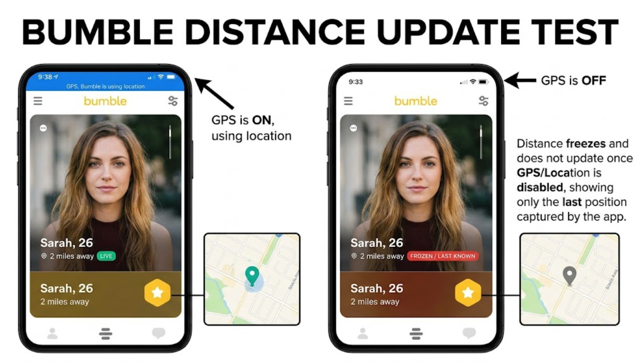 Side-by-side Bumble profile showing live distance vs frozen last known location.