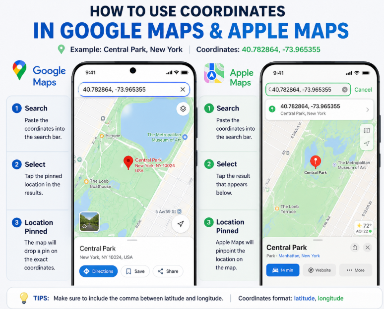 How to paste decimal coordinates into Google Maps and Apple Maps