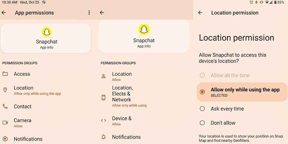 Setting Snapchat location permissions on an Android