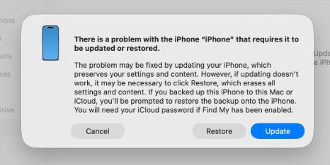 There is a problem with the iPhone that requires it to be updated or restored.