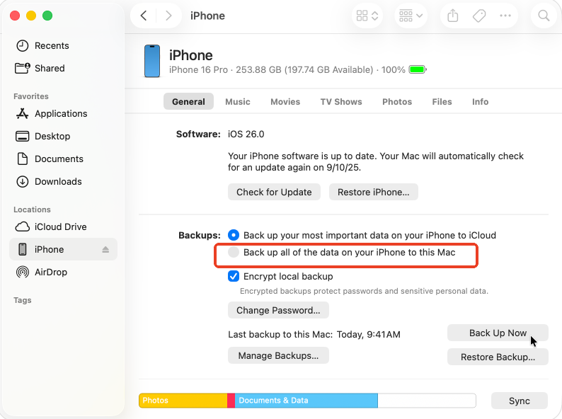 Back up all of the data on your iPhone to this Mac