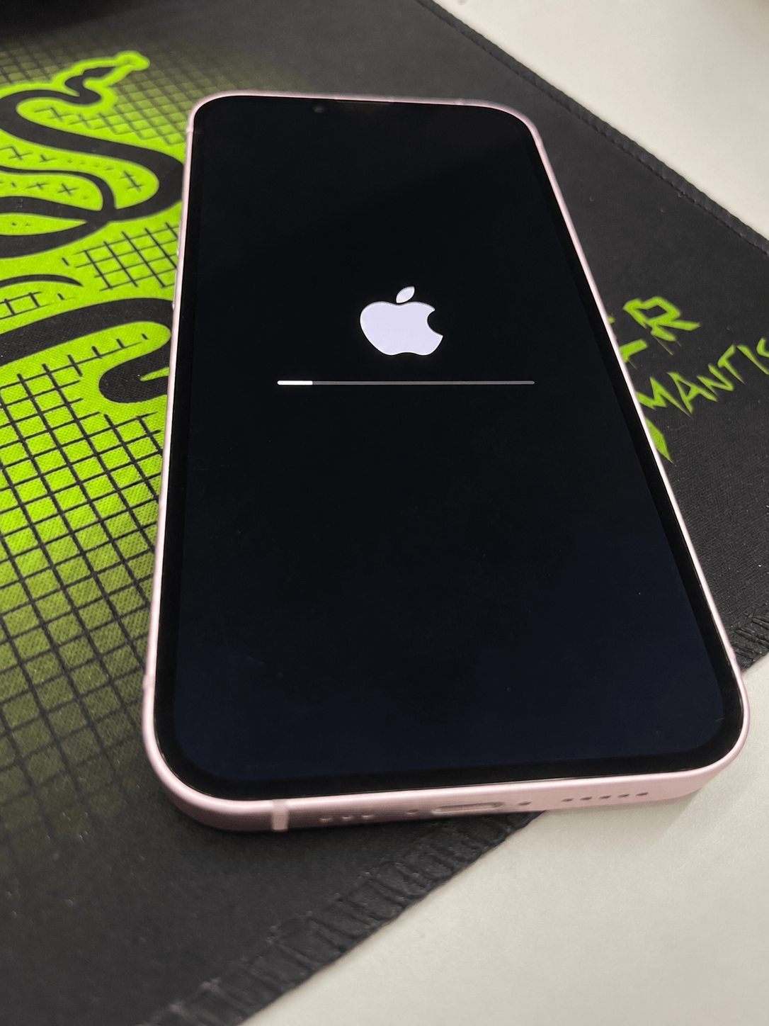 Real iPhone displaying the Apple logo with a progress bar on a black screen