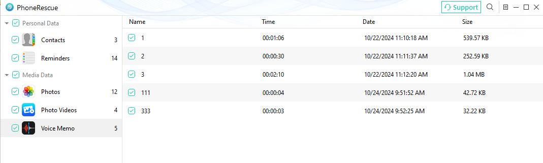 PhoneRescue displaying iPhone voice memos with duration, date, and file size during internal recovery testing