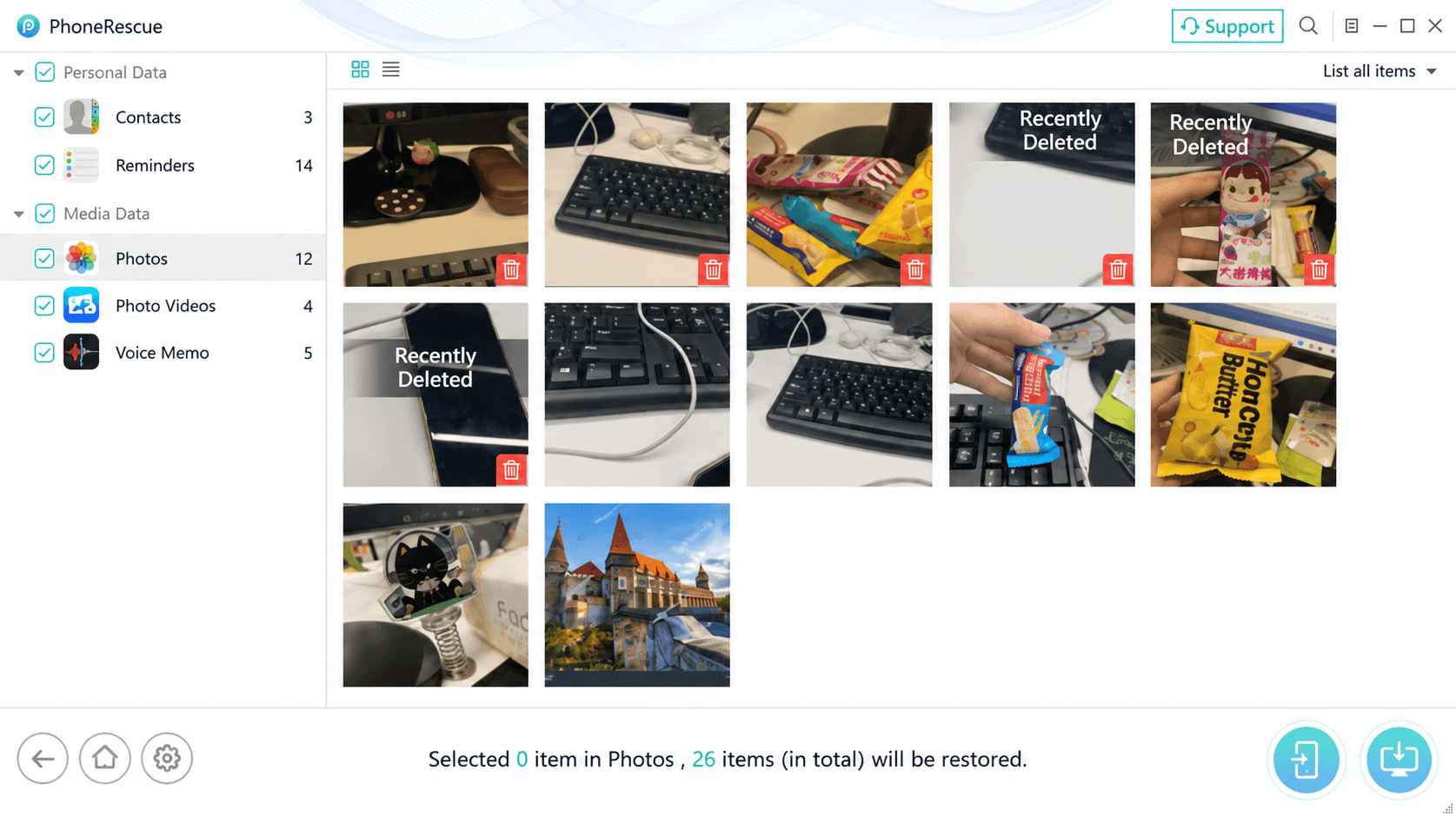 PhoneRescue showing accessible iPhone photos and recently deleted items during internal recovery testing