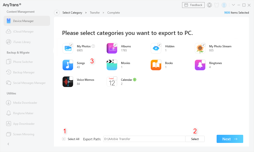 1 Click Export All iPod Music to PC