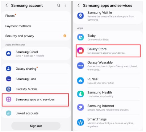 Access Galaxy Store under Samsung Apps and Services