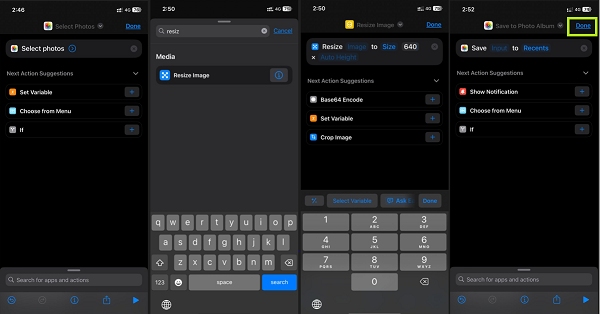 Adding Select photos, resize image, and Save to photo album to Shortcuts