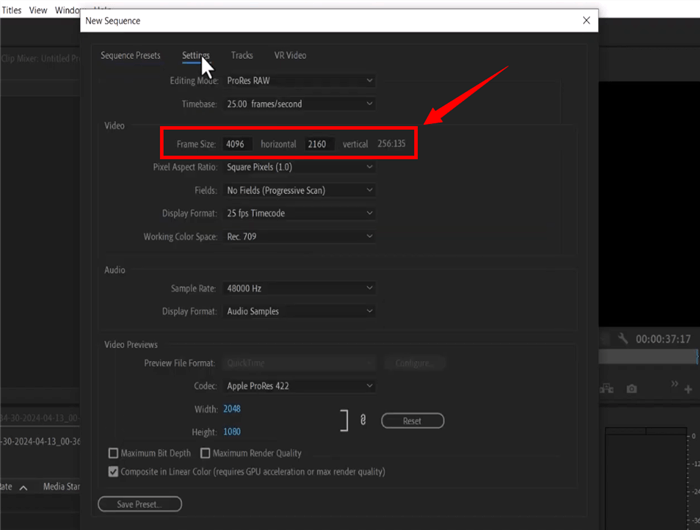 Adjust the Frame Size to 4K Resolution