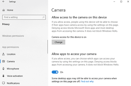 Allow apps to access your Asus camera