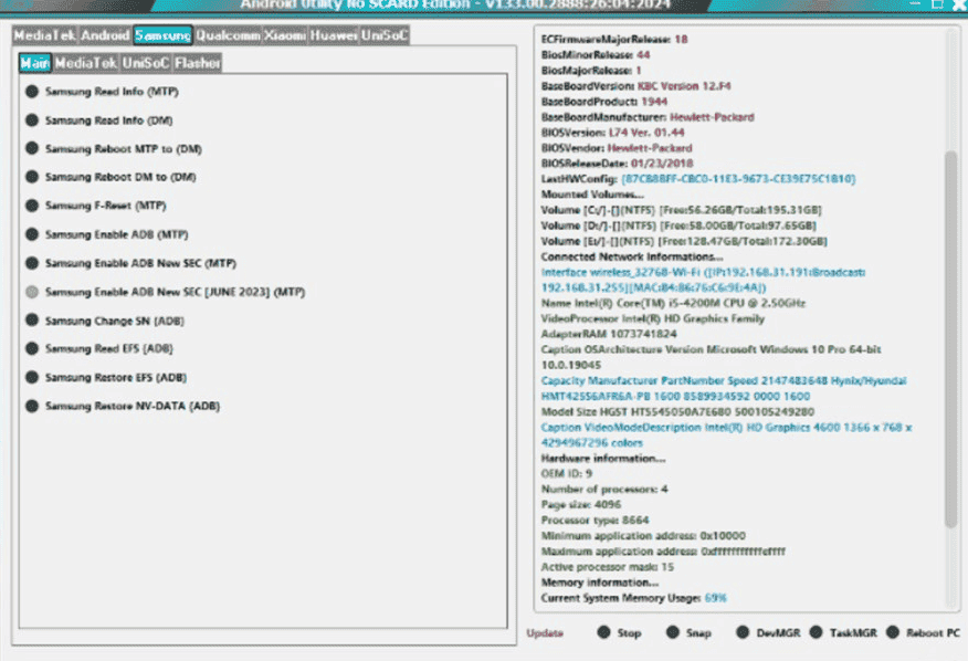 The log output of the android utility tool confirming a successful connection in BROM mode.