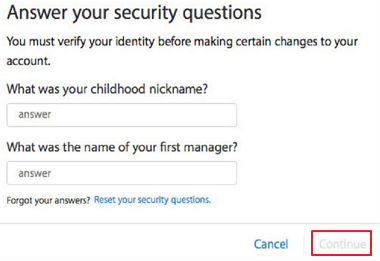 Answer Security Questions and Click Continue
