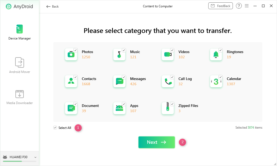 Choose the Data You Want to Transfer and Click Next