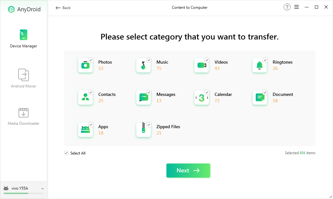 Select Data Category to Send to Computer
