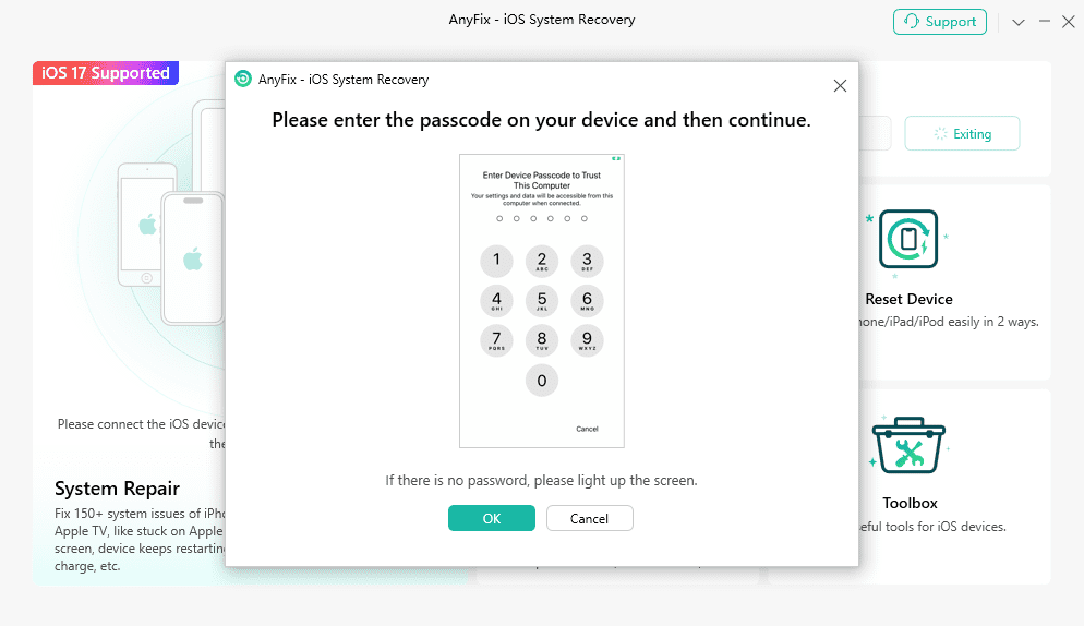 AnyFix Enter Passcode to Exit Recovery Mode