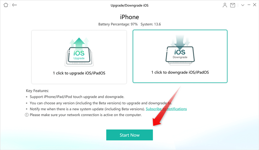 Choose 1 Click to Downgrade iOS/iPadOS
