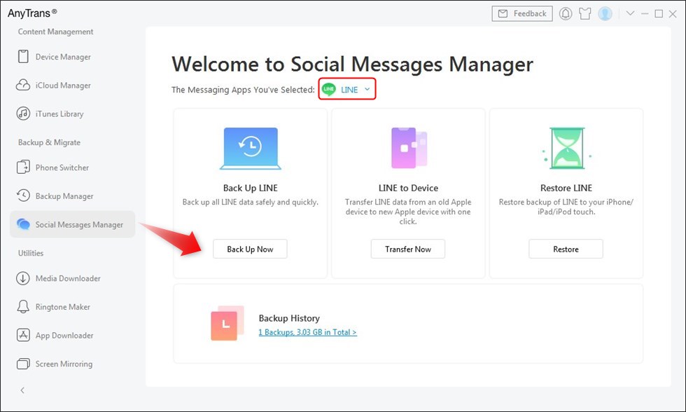 Click Social Messages Manager and Choose Backup Line