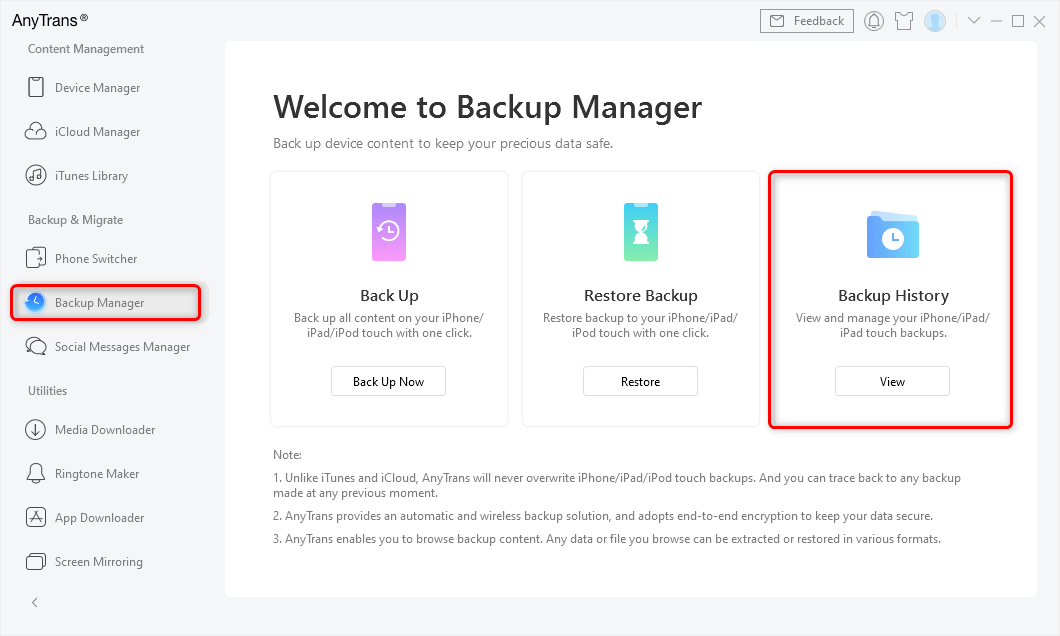 Choose Backup Manager and Click Backup History