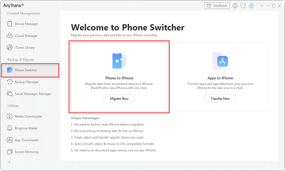 Click Phone Switcher and Choose Phone to iPhone