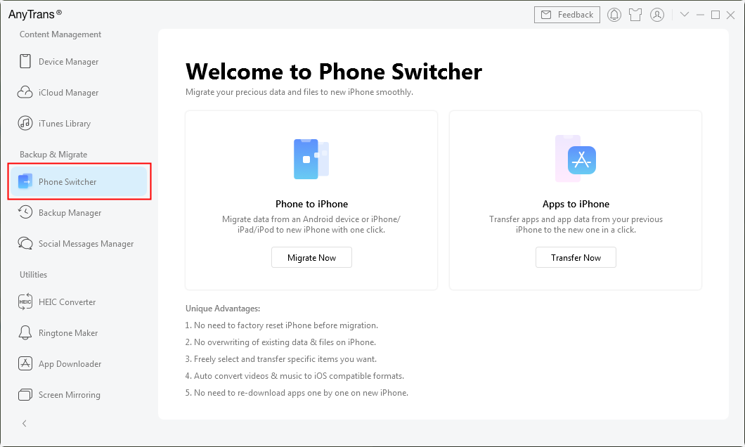 Phone Switcher - Transfer data from Android/iPhone to iPhone or Apps to iPhone