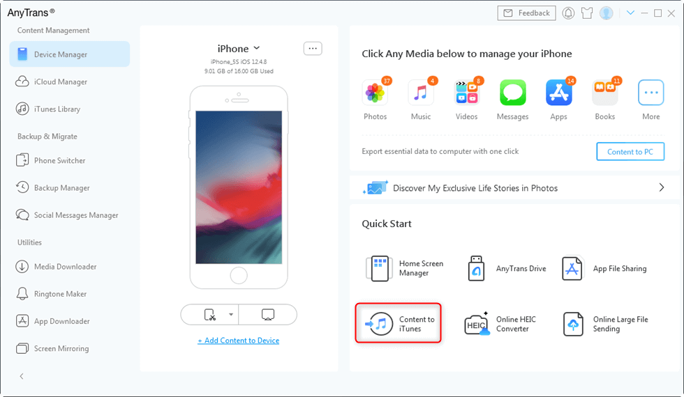 Choose Content to iTunes