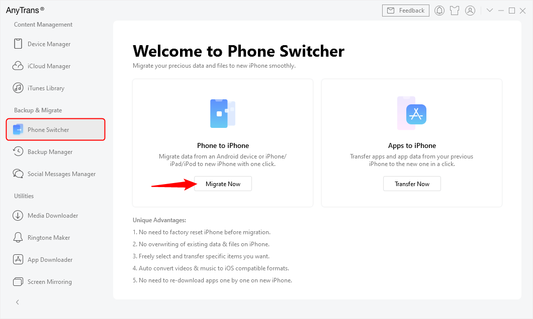 Go to Phone Switcher and Choose Migrate Now