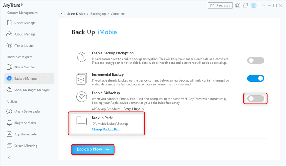 Click on Enable Air Backup