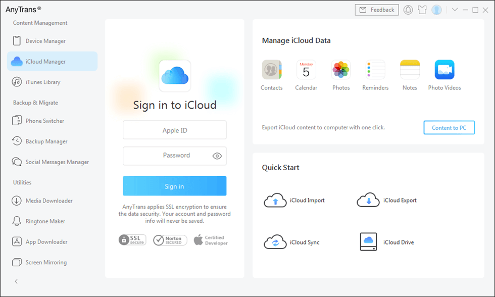 Sign in iCloud Account in AnyTrans