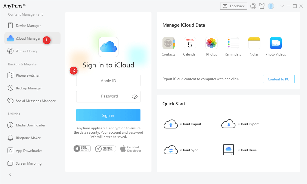 Choose iCloud Manager and Log In