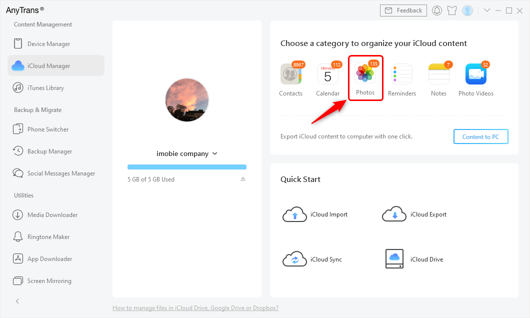Click Photos Category under iCloud Manager