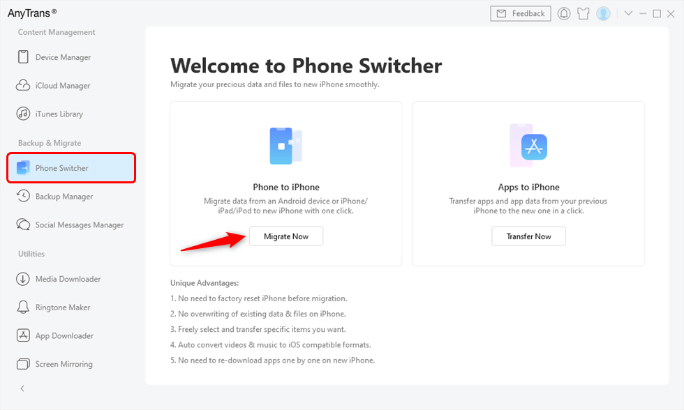 Choose Phone to iPhone to Migrate