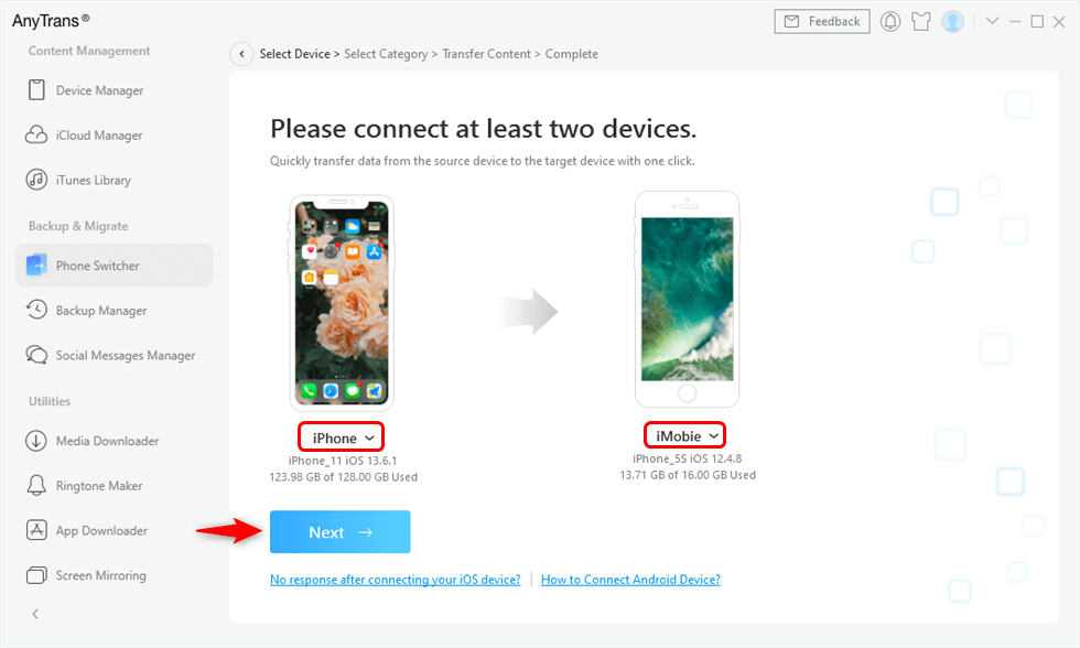 Choose the Source and Target Phones and Click Next