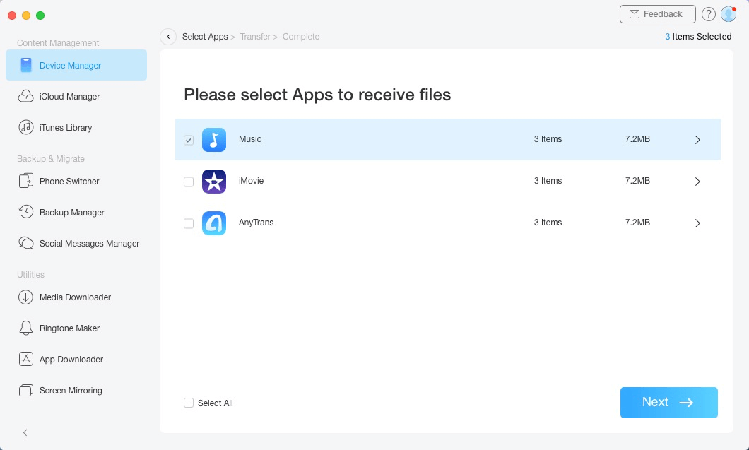 Select an App to Receive Files