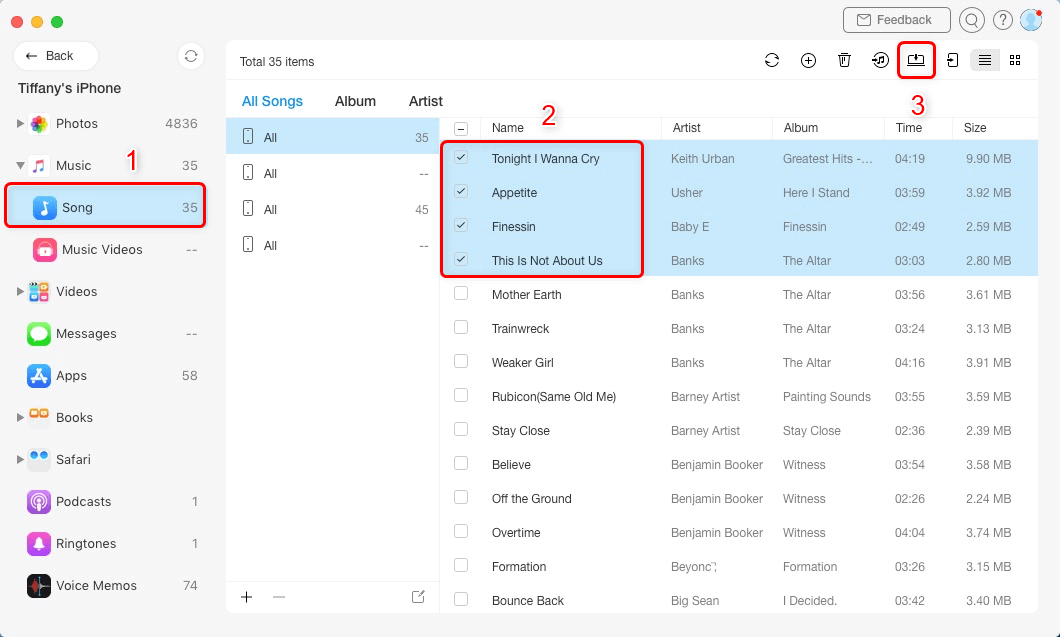 Selecione as músicas para transferir