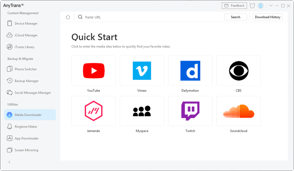 alegeți opțiunea Media Downloader în AnyTrans