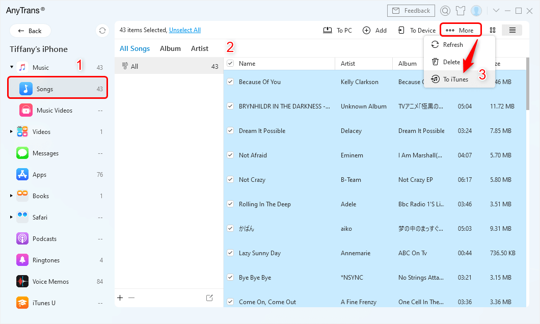 Wybierz utwory i znajdź przycisk To iTunes