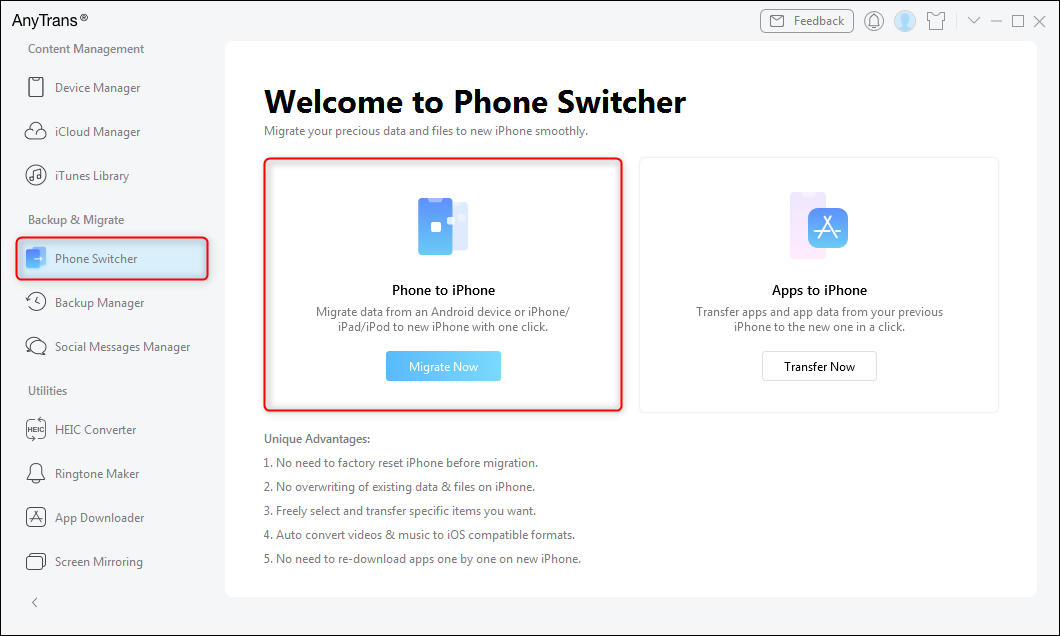 Choose Phone to iPhone on Phone Switcher