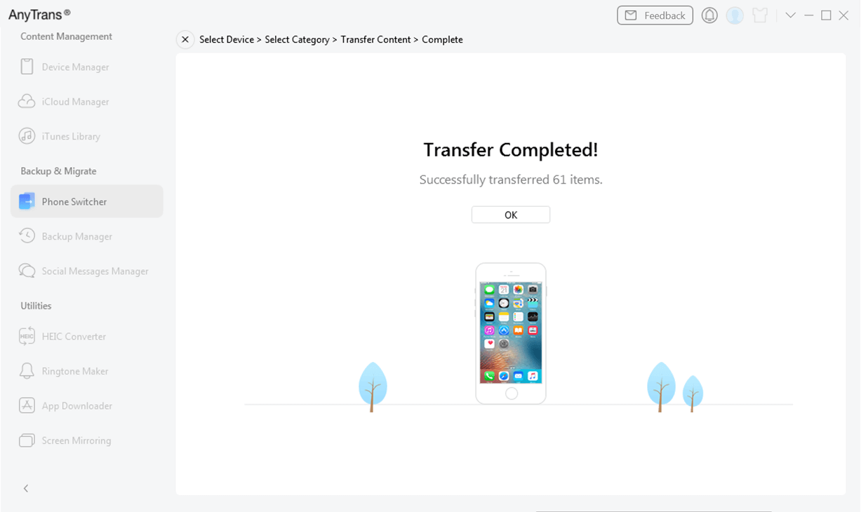 Phone to iPhone Transfer Complete