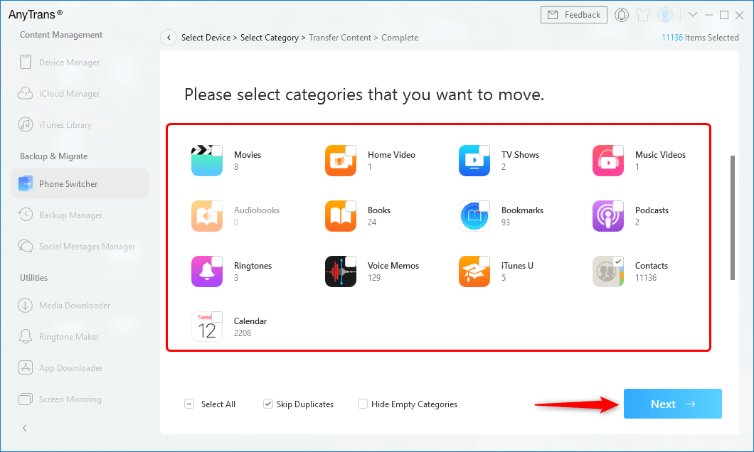 Select the File Categories to Transfer