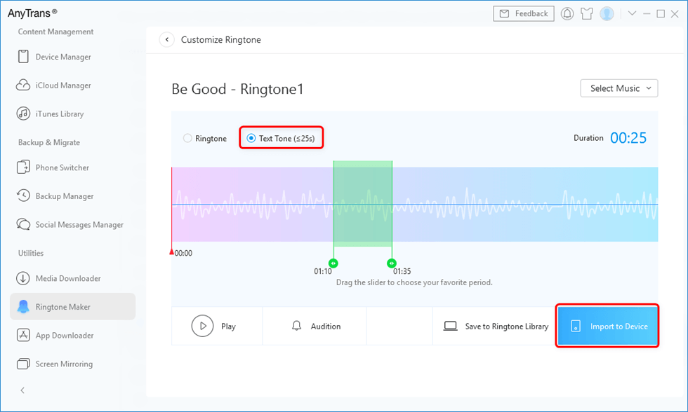 Choose Text Tone and Preview then Import to Device