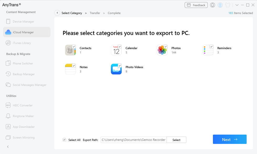 Select the files you want to export
