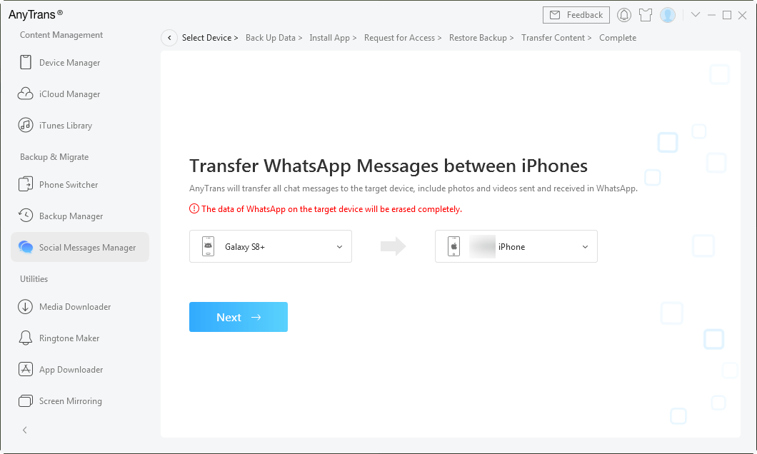 Choose the Target iPhone to Receive WhatsApp Backup 