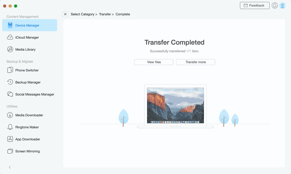 Transfer Content to Computer Completed